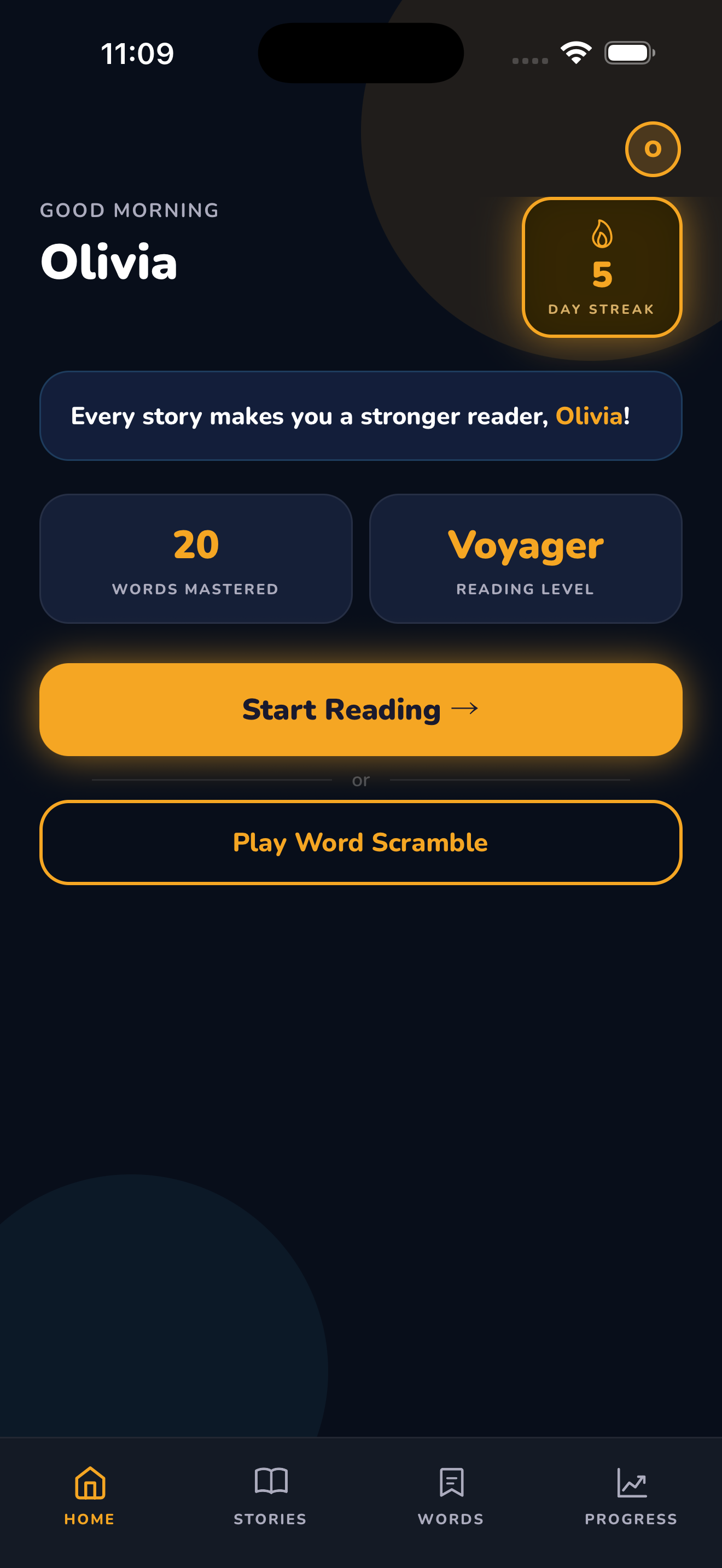 ReadingFox home screen showing reading stats